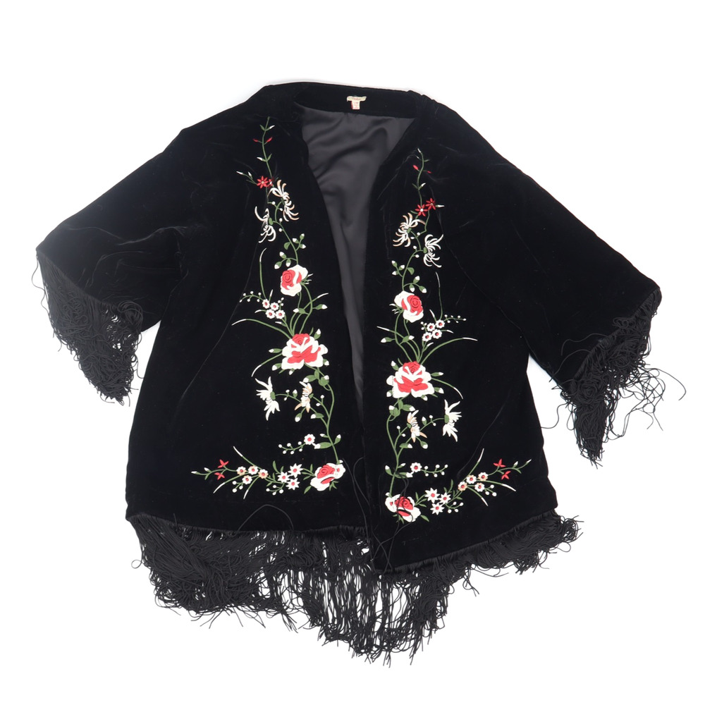 Reba Women's Black Velvet Floral Embroidered Fringe Western Open Jacket Sz Sm/M - Picture 3 of 8